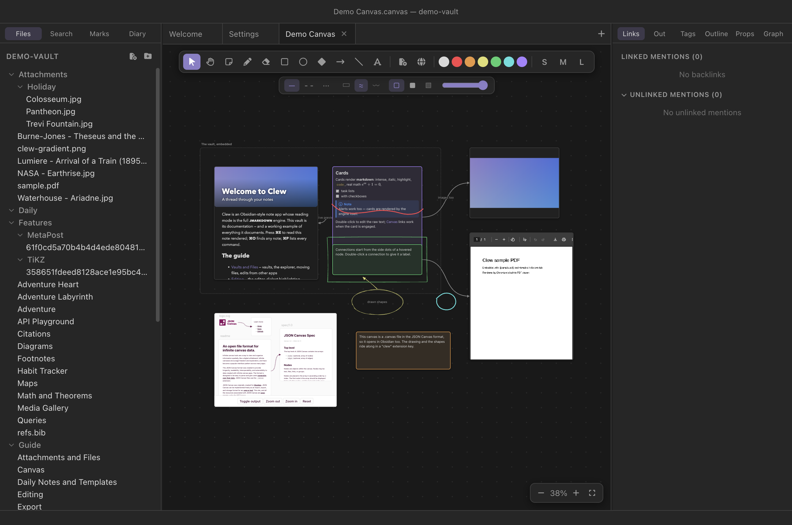 The Demo Canvas open in Clew, showing the canvas toolbar and style bar alongside cards, connections, ink and shapes