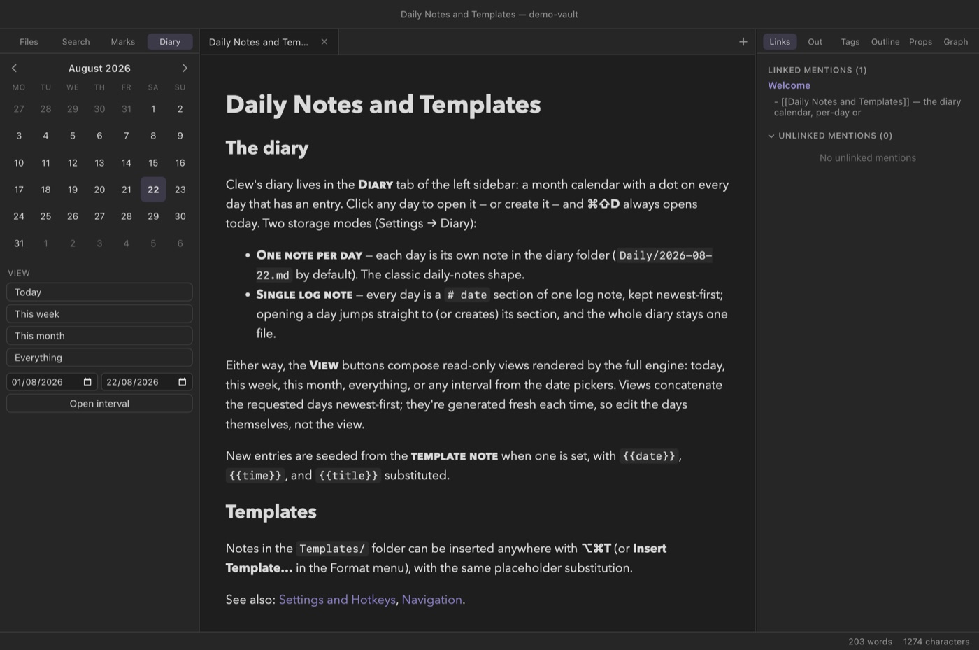 The diary calendar panel in the left sidebar, with today highlighted, beside a rendered note