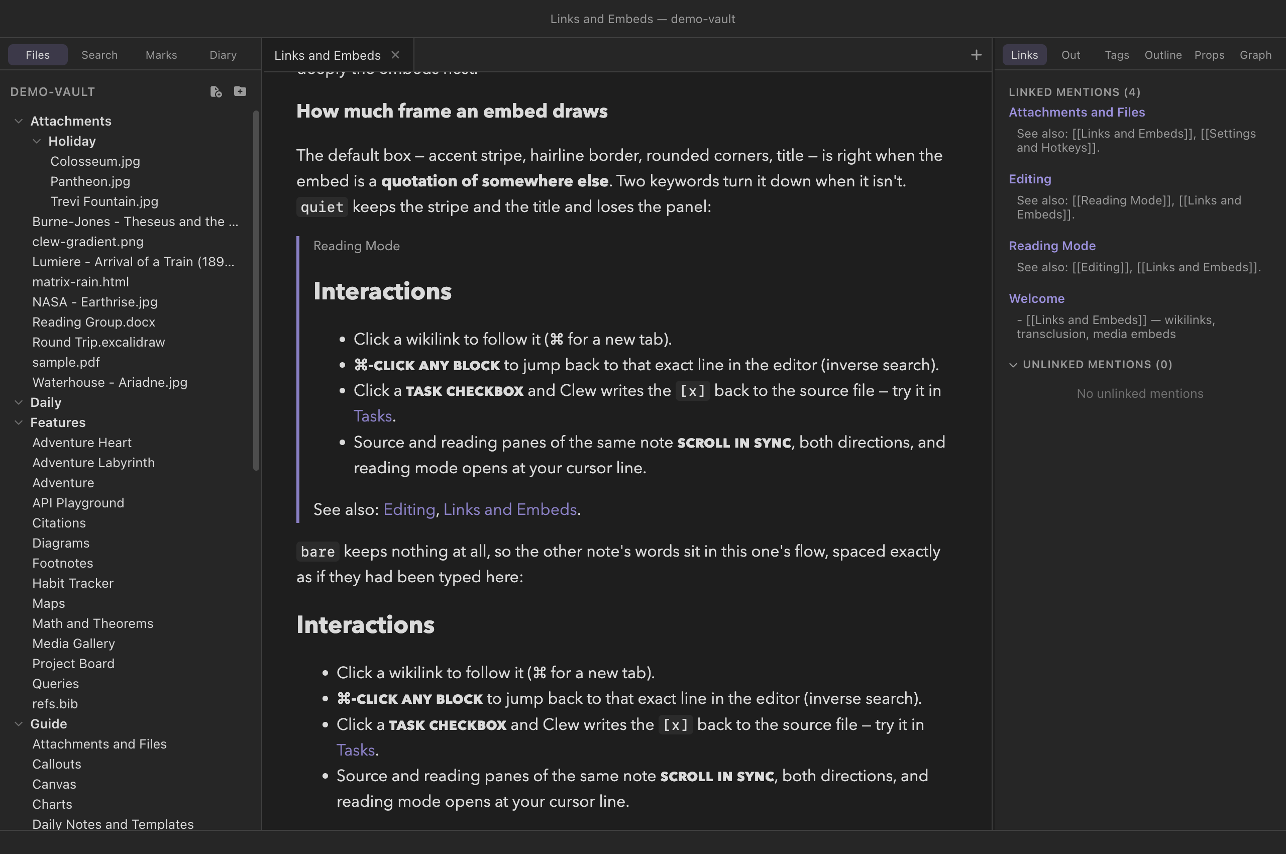 The demo vault's Links and Embeds guide in reading mode: one section of the Reading Mode note embedded twice — first with quiet, drawn as an accent stripe and a title, then with bare, indistinguishable from the surrounding prose