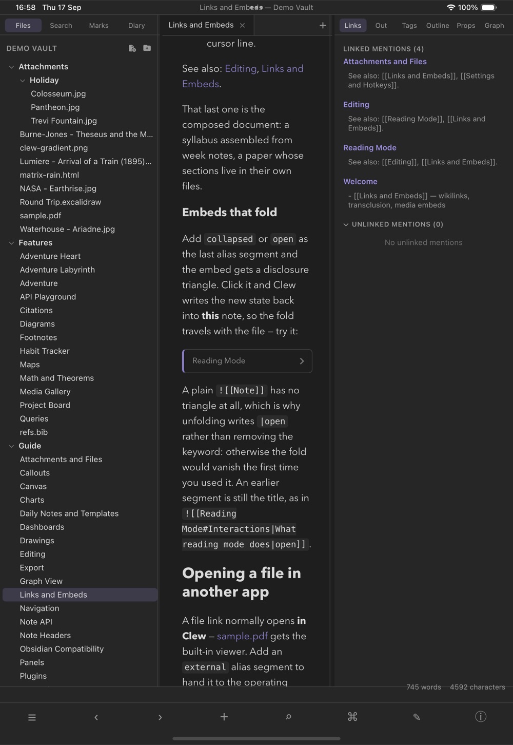 Clew on an iPad showing the Links and Embeds guide in reading mode, with a folded embed titled Reading Mode drawn as a bar with a disclosure chevron