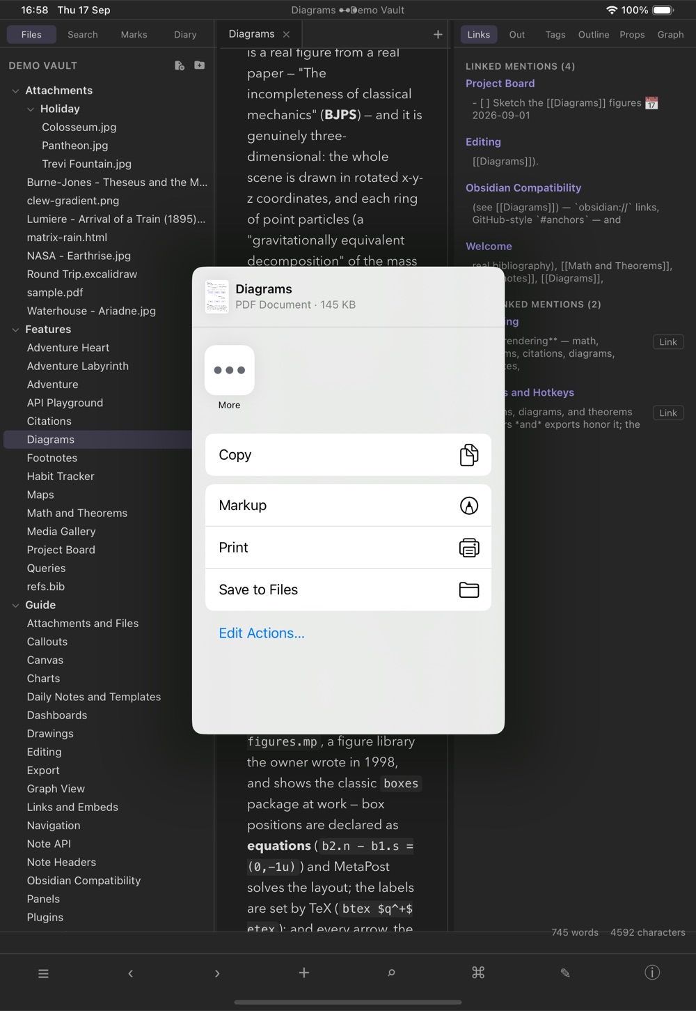 Clew on an iPad with the share sheet open over the Diagrams note, offering the exported PDF to Copy, Markup, Print or Save to Files