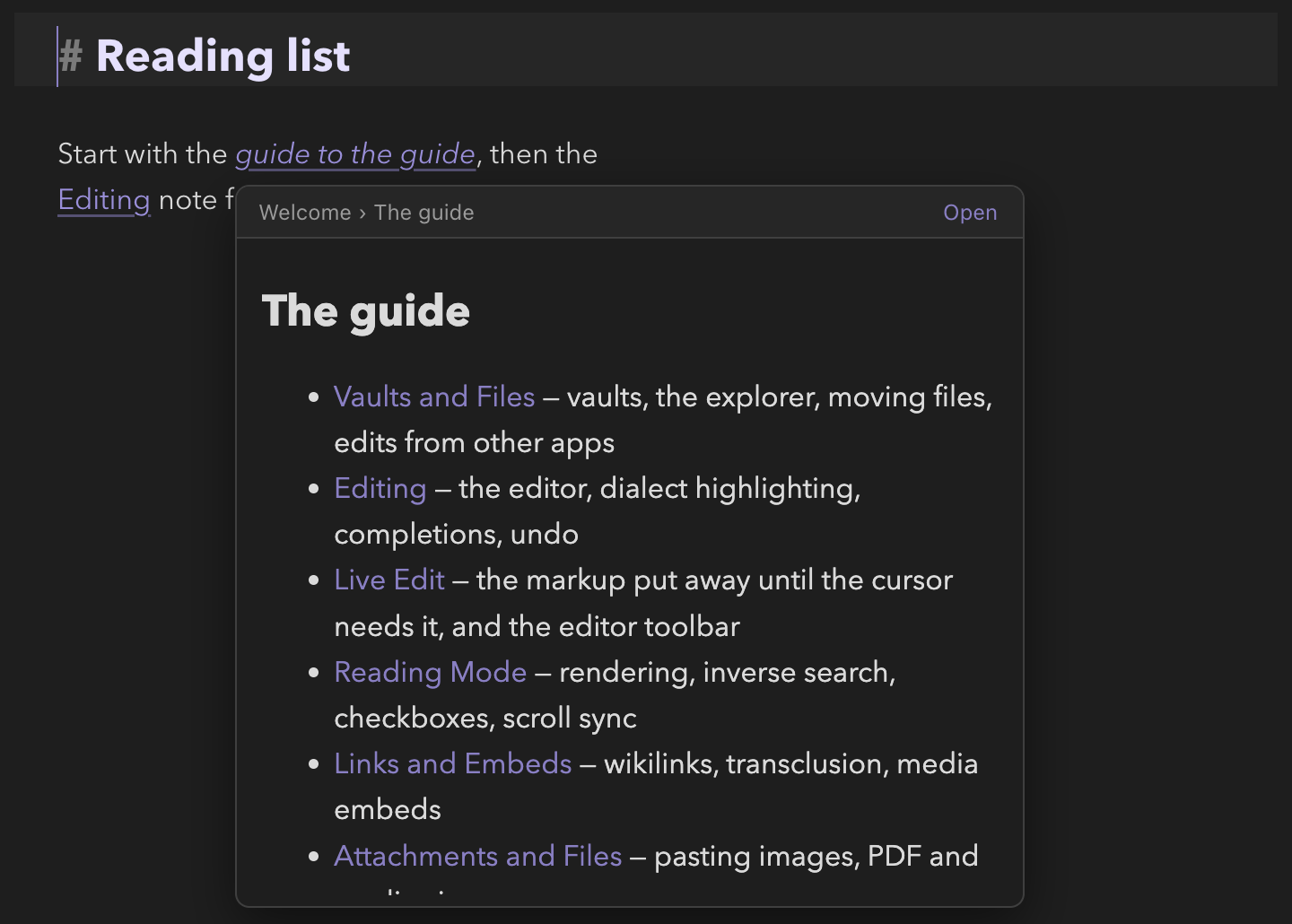 A note in live edit with the pointer over a link to the Welcome note's section The guide; a popover below the link, headed Welcome › The guide with an Open button, shows that section rendered: its heading and a bulleted list of guide notes