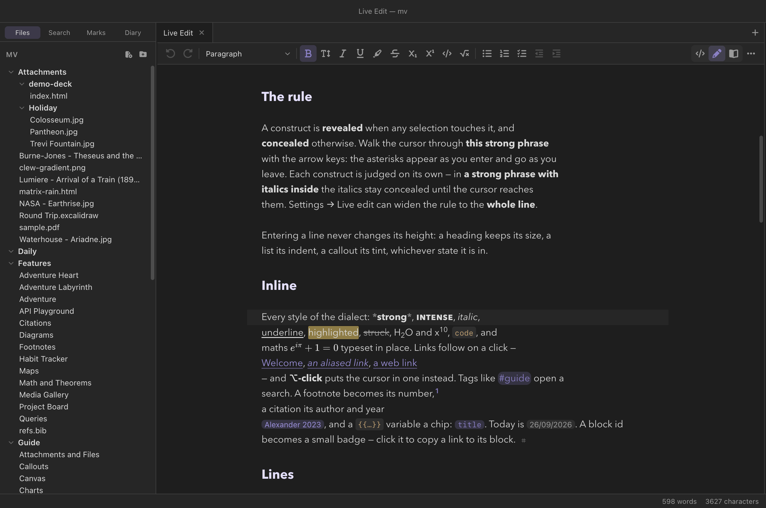 The Live Edit guide note in live edit: styled prose with typeset maths, links, a tag, a footnote number and a citation chip; the cursor is inside one strong phrase, whose asterisks are showing, and the toolbar above shows Strong pressed