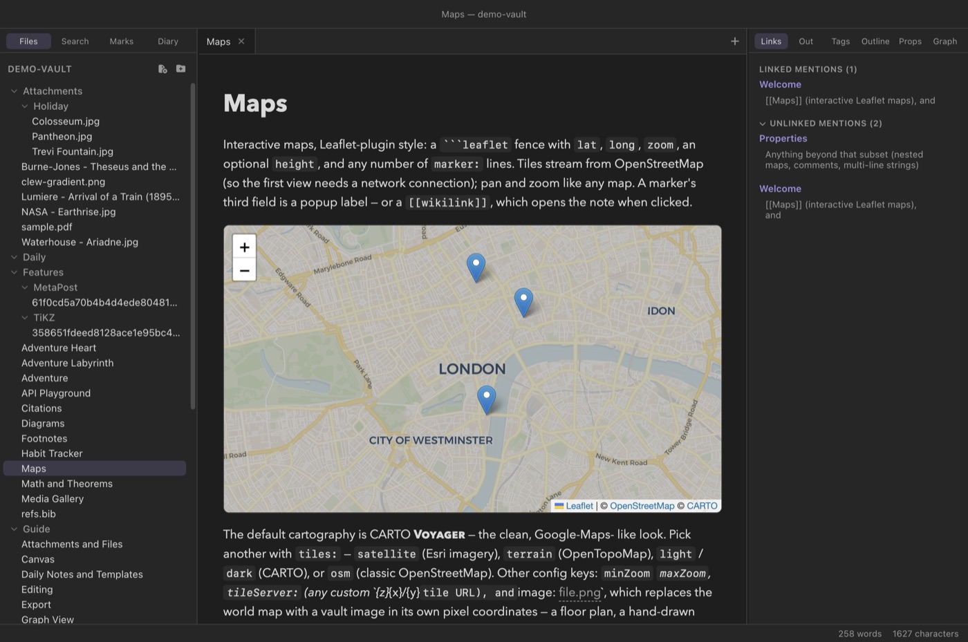 An interactive Leaflet map rendered inside a note, with several markers and map controls