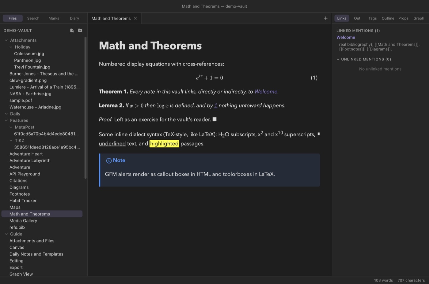 The Math and Theorems demo note in reading mode: a numbered display equation, theorem and lemma environments with a proof, and a rendered alert box