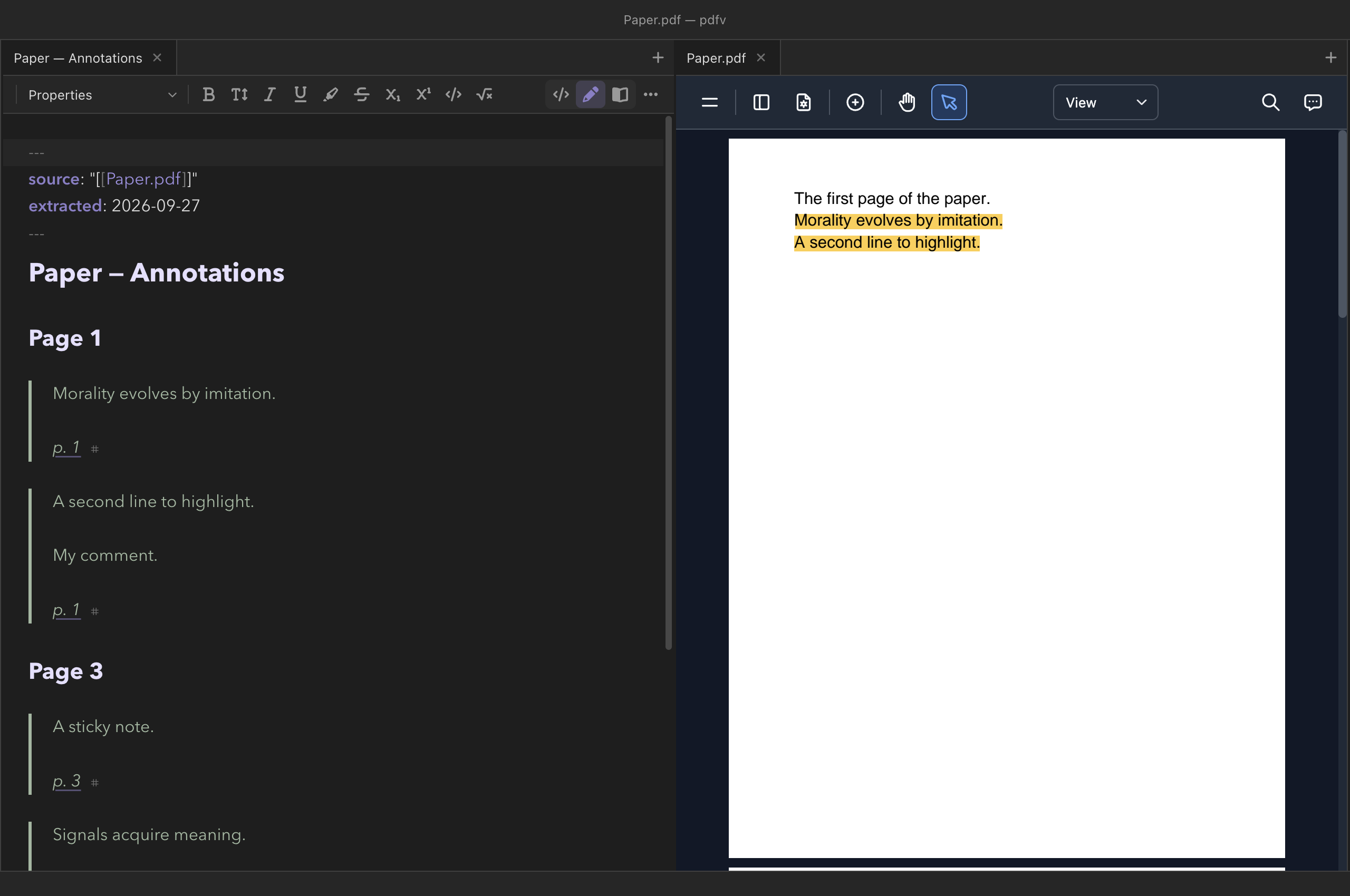 On the left a note titled Paper — Annotations in live edit, with a Page 1 heading and two quoted highlights, one with a comment, each ending in a page link; a Page 3 heading with a sticky note and another highlight. On the right the PDF, its two highlighted lines on page 1 in yellow