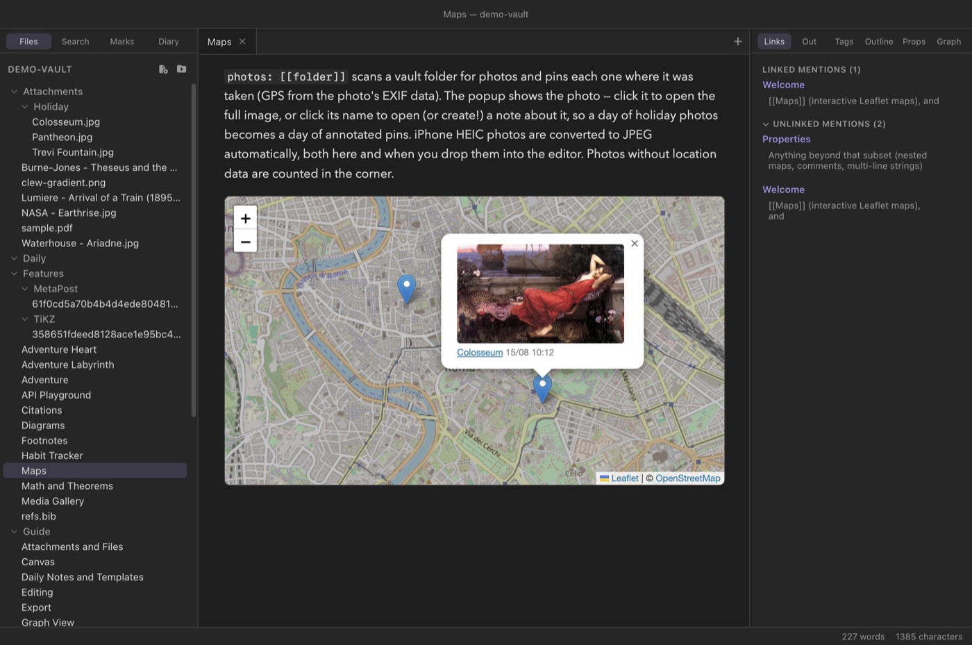 A photo map of Rome with an open popup showing a photo thumbnail, its name, and its capture time