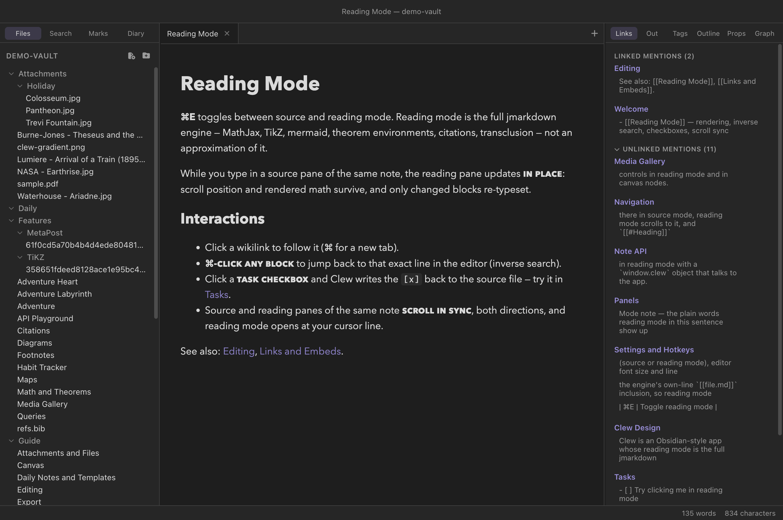 A Guide note from the demo vault rendered in reading mode, showing typeset prose, headings, and rendered features