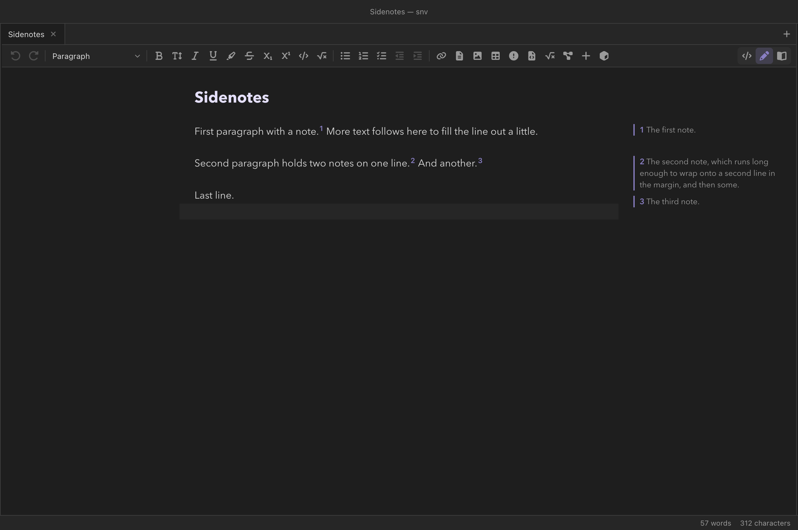 Live edit on a wide pane: prose with three footnote badges, and the three notes set in the right margin beside their lines