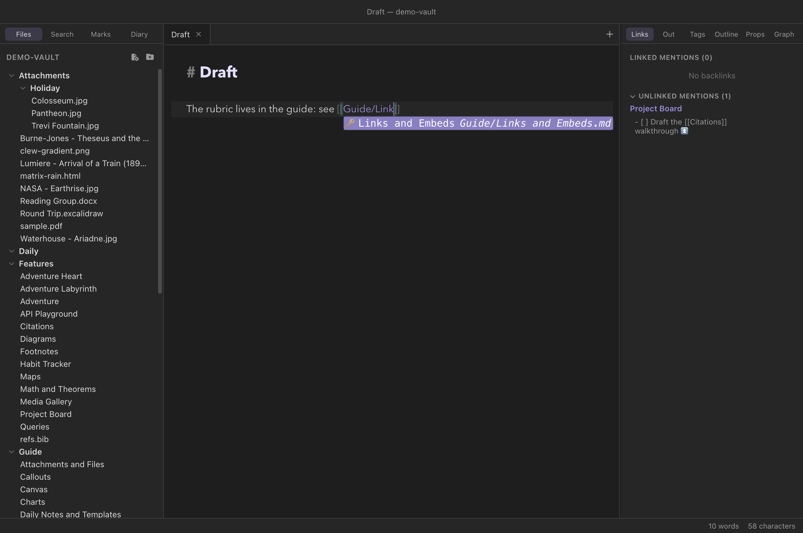 The editor in source mode with a completion popup open after typing two brackets and Guide slash Link, offering Links and Embeds from the Guide folder